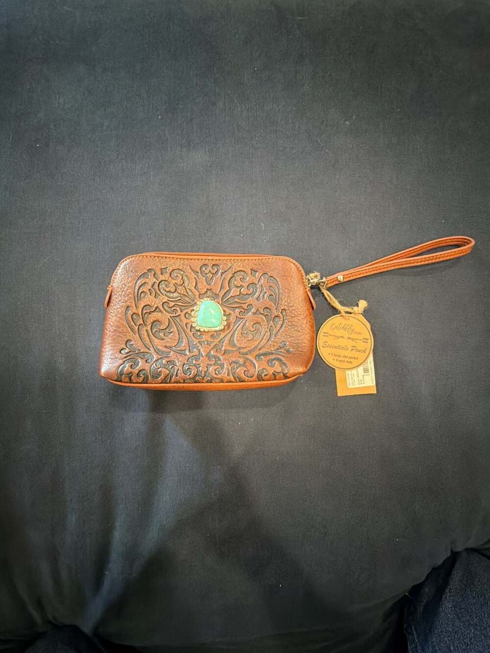 Catchfly Studio Essentials Pouch with Embossed Floral Design and Turquoise Stone